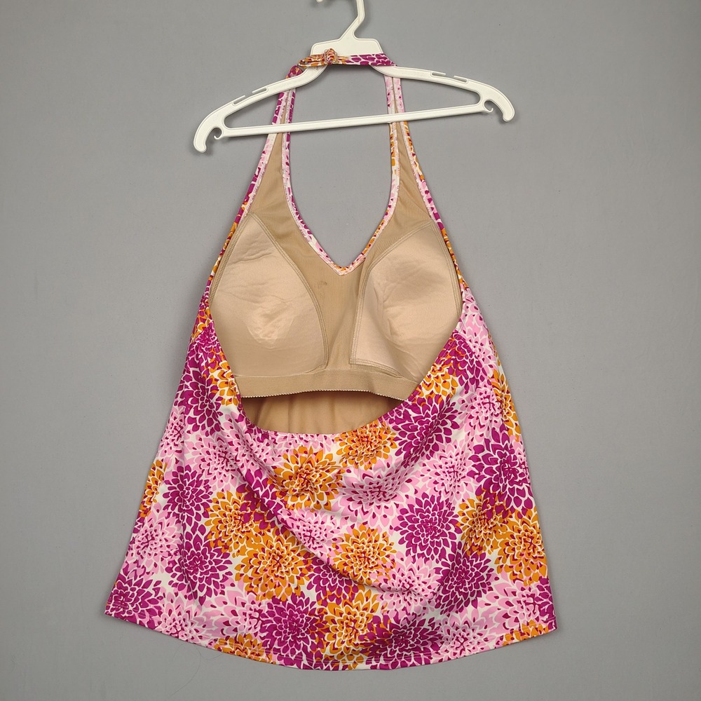 LL Bean Tankini Top Womens 18 Pink Floral Halter UPF 50 Nylon Blend Dahlia - Picture 2 of 7